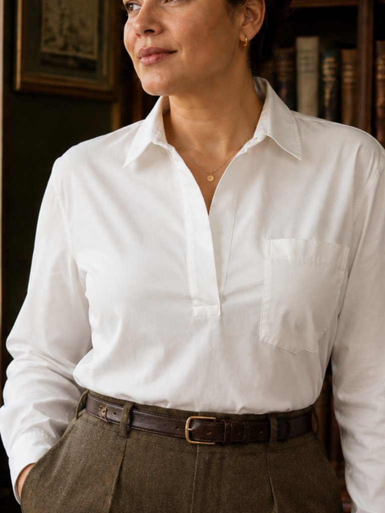 Theory Womens Crisp White Wide Placket Popover Sz L Preppy Quiet Luxury Academia